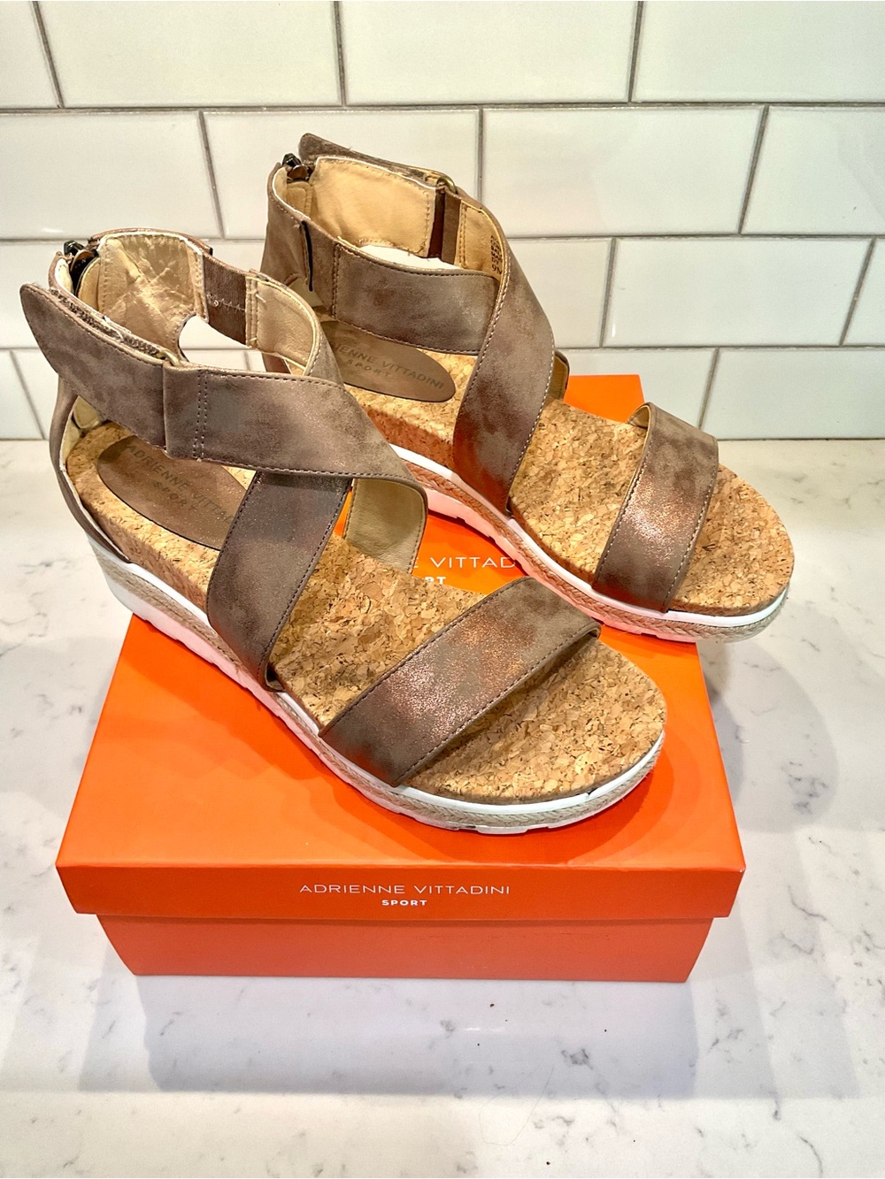 Adrienne Vittadini Taupe Cork Wedge Sandals